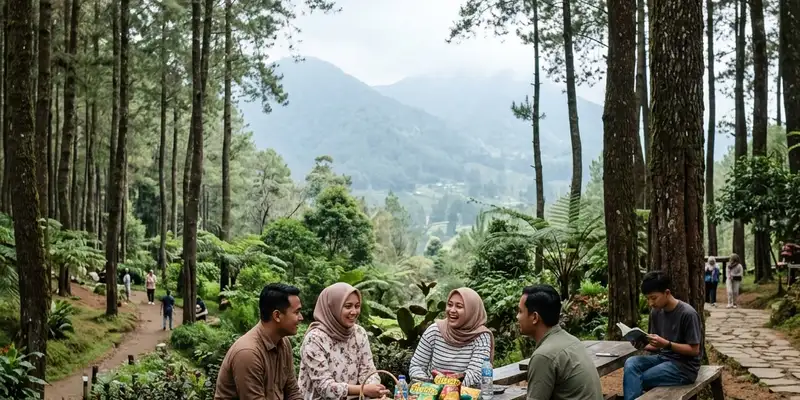 Suasana santai para wisatawan di bawah rindangnya deretan pohon pinus Batu Malang