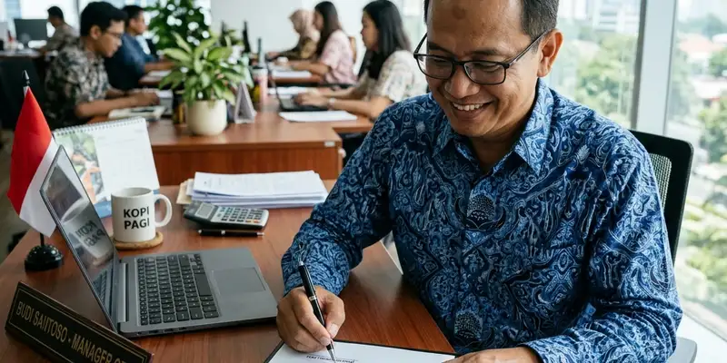 Manajer menyetujui proposal anggaran kegiatan dengan ekspresi puas