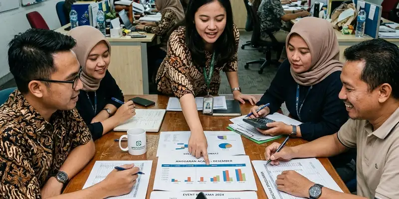 Tim kerja menyusun rincian anggaran acara perusahaan