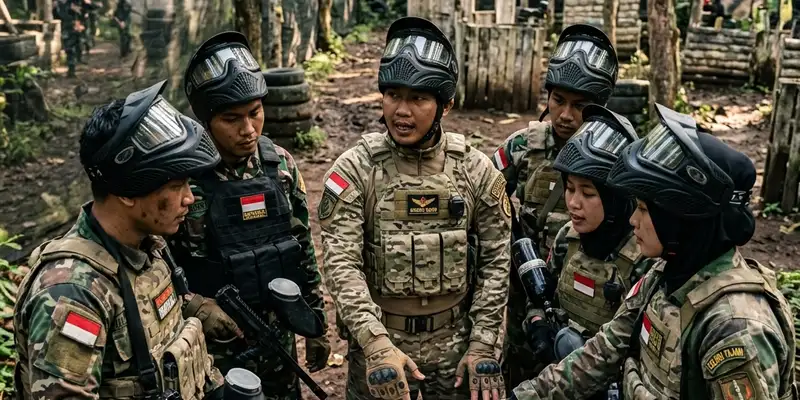 Peserta berdiskusi merencanakan strategi sebelum bermain paintball
