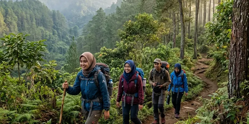 Pemandangan asri pegunungan dan pencahayaan pagi di dataran tinggi Batu