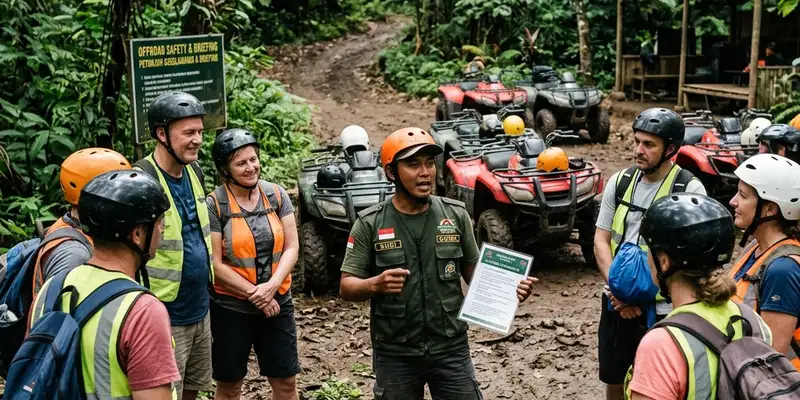 Seorang pemandu offroad profesional sedang memberikan instruksi keselamatan kepada rombongan wisatawan