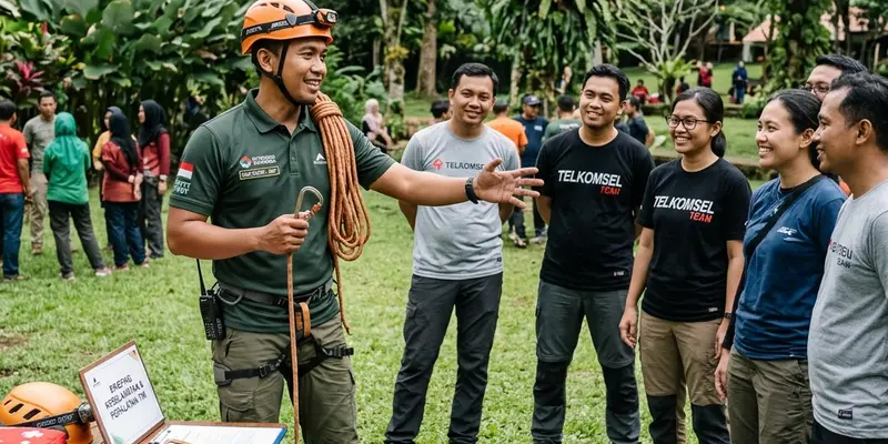 Pemandu profesional mendampingi tim outbound rafting Kaliwatu Batu