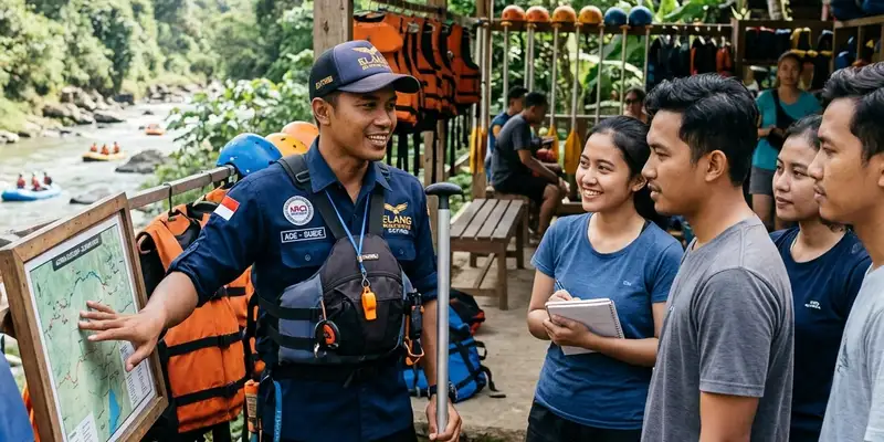 Aktivitas arung jeram rombongan dengan alat pelampung dan helm keselamatan lengkap