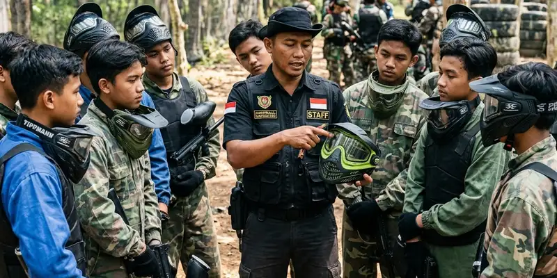 Instruktur menjelaskan aturan dan pemakaian perlengkapan war game kepada peserta remaja