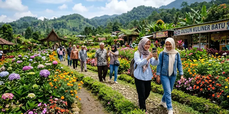 Wisatawan menikmati jalan setapak berbunga di Dusun Kuliner Batu